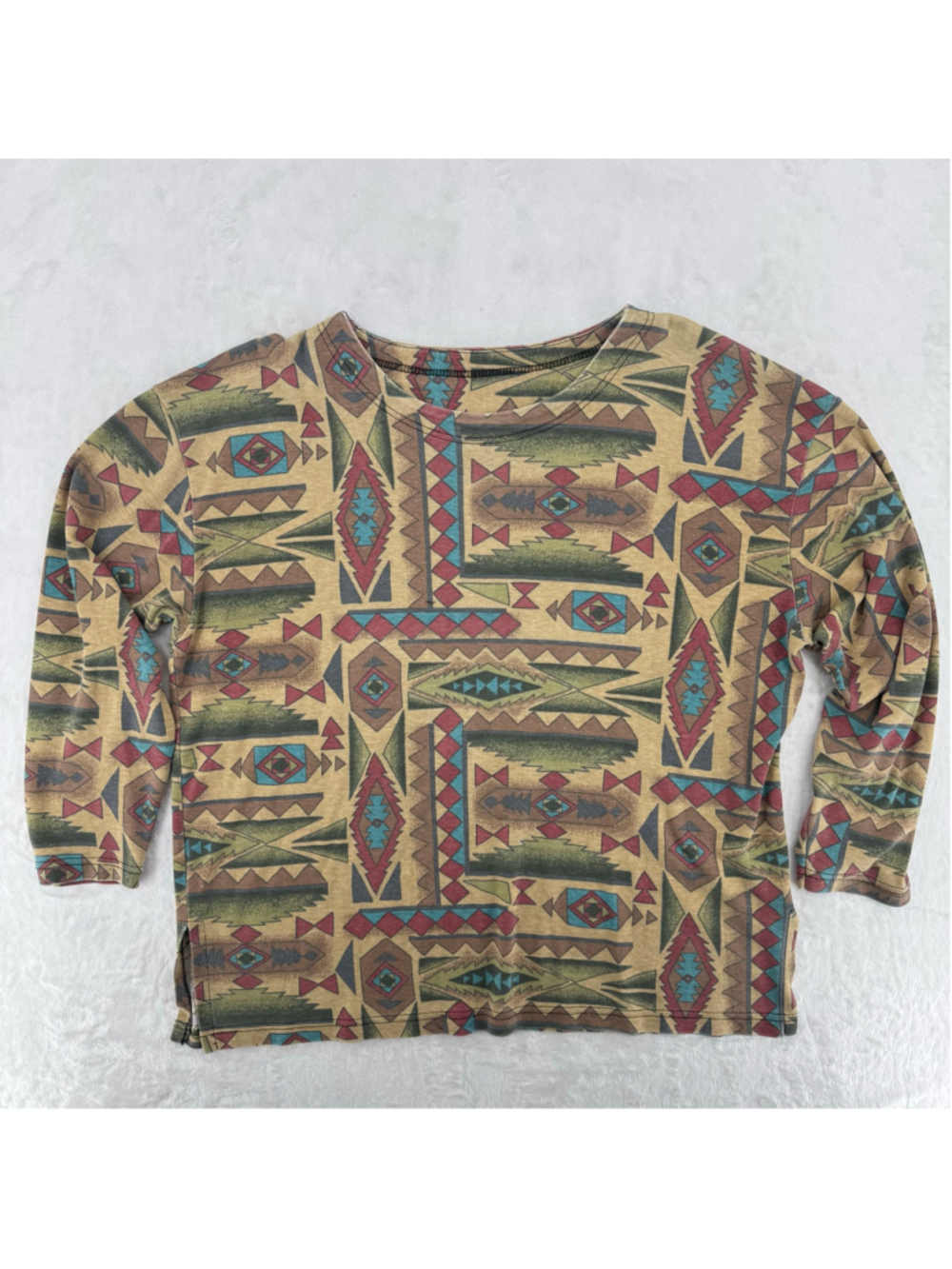 Vintage Y2K 90s Forenza Top Aztec Print 3/4 Sleeves Size Large Southwestern